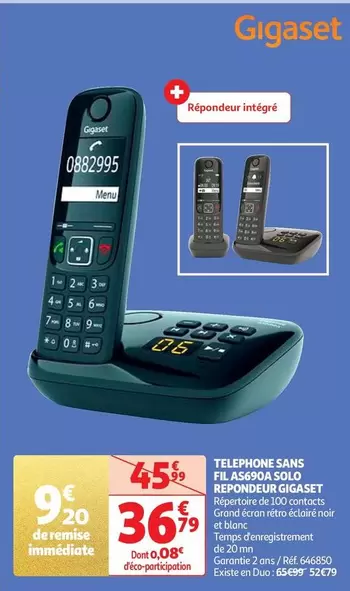 Gigaset - Telephone Sans Fil AS690A Solo Repondeur Gigaset offre à 36,79€ sur Auchan Hypermarché