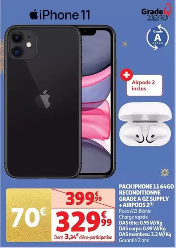 Pack Iphone 11 64go Reconditionne Grade A2 SUPPLEY offre à 329,99€ sur Auchan Hypermarché