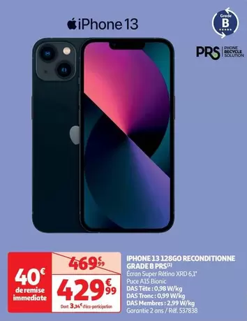 Apple - Iphone 13 128Go Reconditionné Grade B Prs offre à 429,99€ sur Auchan Hypermarché