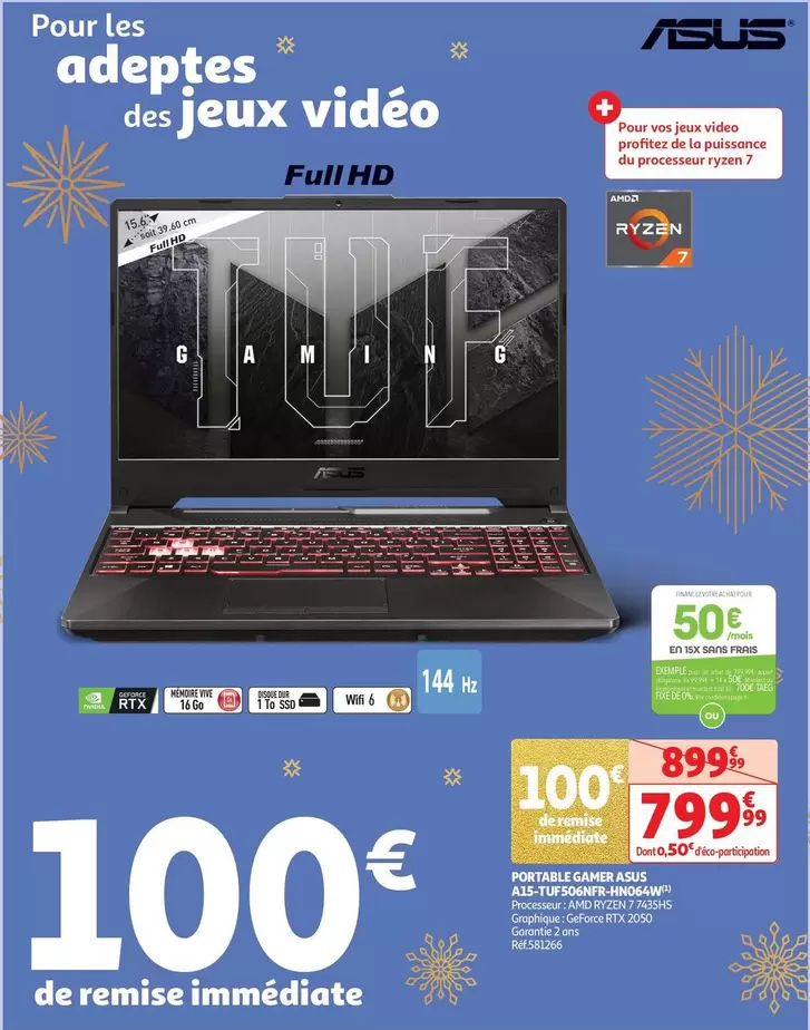 Asus - Portable Gamer A15-TUF506NFR-HN064W offre à 799,99€ sur Auchan Hypermarché