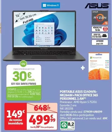 Asus - Portable S1404FA- NK264W + Pack Office 365 Personnel 1 An offre à 499,99€ sur Auchan Hypermarché