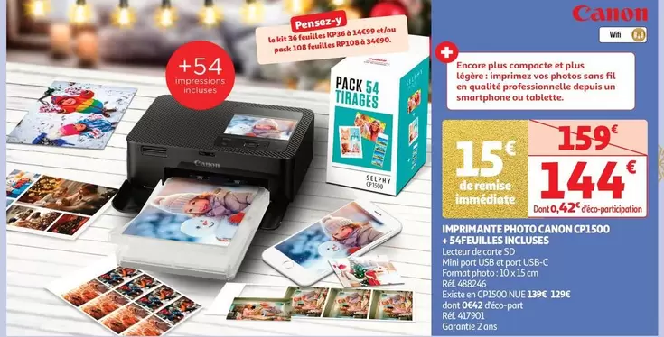 Canon - Imprimante Photo Canon CP1500 + 54Feuilles Incluses offre à 144€ sur Auchan Hypermarché