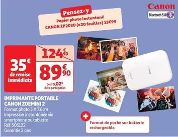 Canon - Imprimante Portable Zoemini 2 offre à 89,9€ sur Auchan Hypermarché