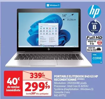 HP - Portable Elitebook 840 G5 Reconditionné offre à 299,99€ sur Auchan Hypermarché