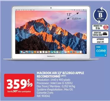 Apple - Macbook Air 13" 8/128Ggo Reconditionné offre à 359,99€ sur Auchan Hypermarché