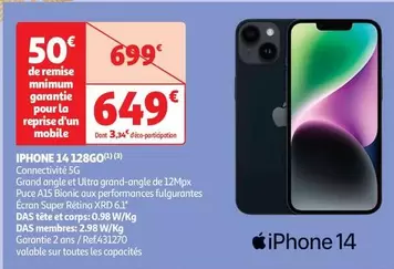 Apple - Iphone 14 128Go offre à 649€ sur Auchan Hypermarché