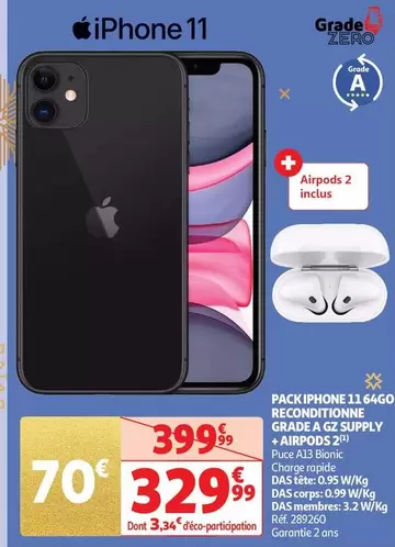 Apple - Pack Iphone 11 64Go Reconditionne Grade A GZ Supply + Airpods 2 offre à 329,99€ sur Auchan Hypermarché