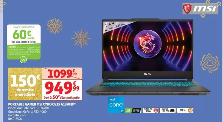 Msi - Portable Gamer 15 A13VFK offre à 949,99€ sur Auchan Hypermarché