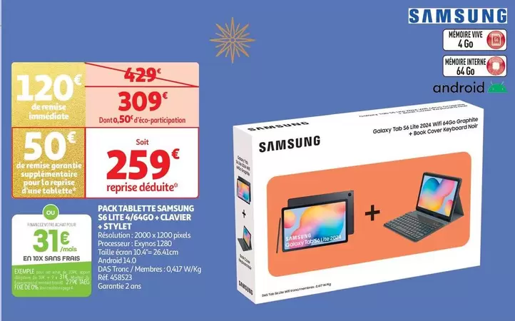 Samsung - PacK Tablette S6 Lite 4/64Go + Clavier+ Stylet offre à 309€ sur Auchan Hypermarché