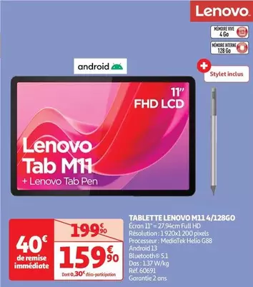 Lenovo - Tablette M11 4/128Go offre à 159,9€ sur Auchan Hypermarché