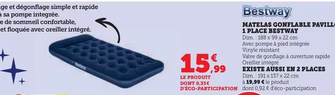 Bestway - Matelas Gonflable Pavillo 1 Place  offre à 15,99€ sur Super U