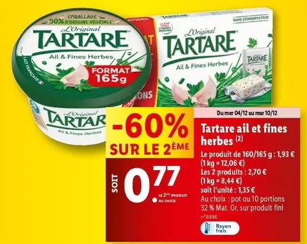 Tartare - Ail Et Fines Herbes offre à 0,77€ sur Lidl