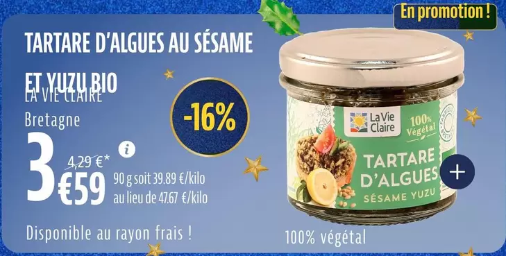 La Vie Claire - Tartare D'Algues Au Sésame Et Vuzu Bio offre à 3,59€ sur La Vie Claire