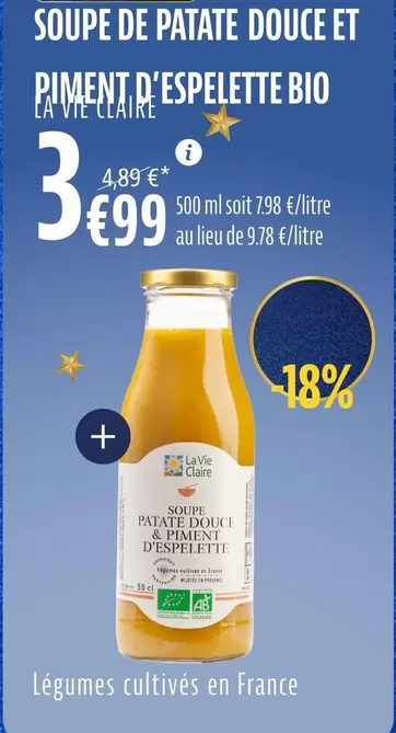 La Vie Claire - Soupe De Patate Douce Et Piment D'Espelette Bio offre à 3,99€ sur La Vie Claire