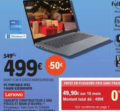 Lenovo - Pc Portable Ips3 offre à 499€ sur E.Leclerc Espace Culturel