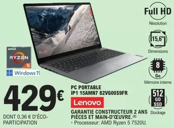 Lenovo - Pc Portable Ip 1 15amnt 82v600s9fr offre à 429€ sur E.Leclerc