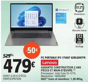 Lenovo - Pc Portable Ip3 17iau7 82rL0097FR offre à 479€ sur E.Leclerc