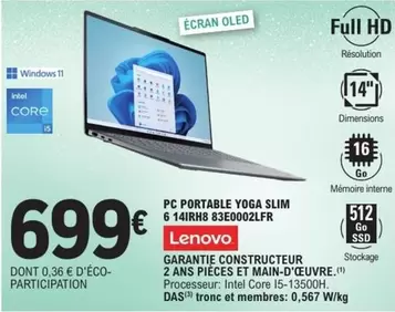 Lenovo - Pc Portable Yoga Slim 6 14hrb 83e00021fr offre à 699€ sur E.Leclerc