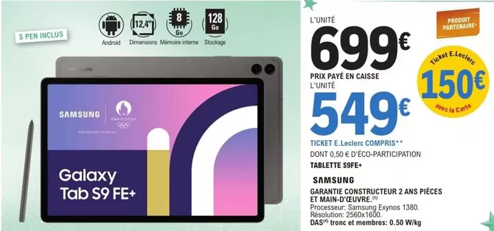 Samsung - Galaxy Tab S9 FE+ offre à 699€ sur E.Leclerc