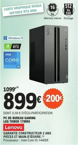 Lenovo - Pc De Bureau Gaming Lo Tower 17 175 L offre à 899€ sur E.Leclerc