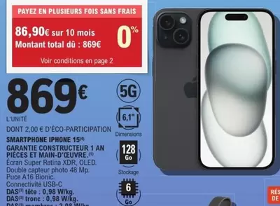 Total - Smartphone Iphone 15S offre à 869€ sur E.Leclerc