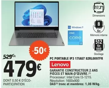 Lenovo - Pc Portable Ip3 17iau7 82rL0097FR offre à 479€ sur E.Leclerc