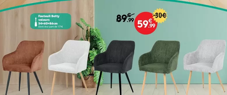 Fauteuil Betty Velours 54×60×86cm offre à 59,99€ sur Maxi Bazar