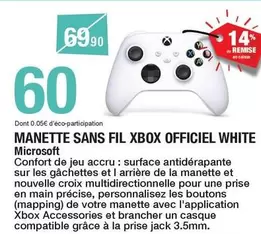 Microsoft - Manette Sans Fil Xbox Officiel White offre à 60€ sur Carrefour