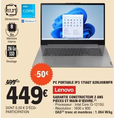 Lenovo - Pc Portable IP3 17IAU7 82RLO0BWF offre à 449€ sur E.Leclerc