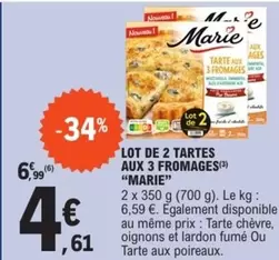 Marie - Lot De 2 Tartes Aux 3 Fromages offre à 4,61€ sur E.Leclerc