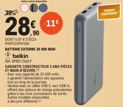 Belkin - Batterie Externe 2000 Mah offre à 28,9€ sur E.Leclerc