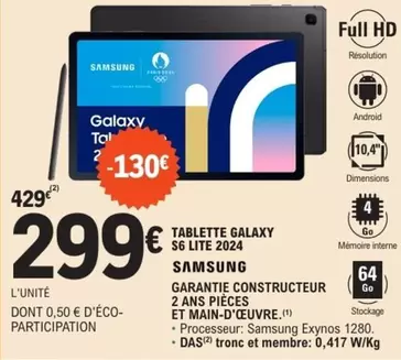 Samsung - Tablette Galaxy S6 Lite 2024 offre à 299€ sur E.Leclerc