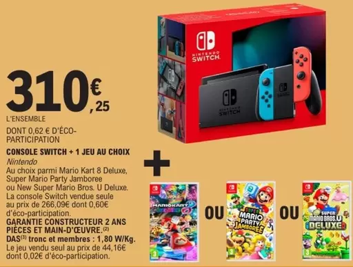 Switch - Console  + 1 Jeu Au Choix offre à 310,25€ sur E.Leclerc