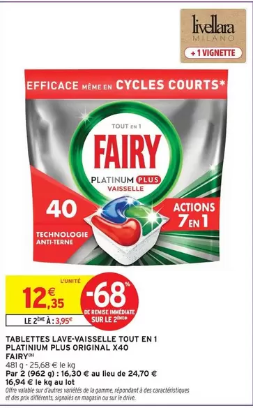 Fairy - Tablettes Lave-vaisselle Tout En 1 Platinium Plus Original X40 offre à 12,35€ sur Intermarché