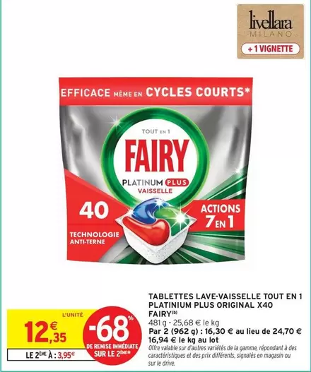 Fairy - Tablettes Lave-vaisselle Tout En 1 Platinium Plus Original X40 offre à 12,35€ sur Intermarché Hyper