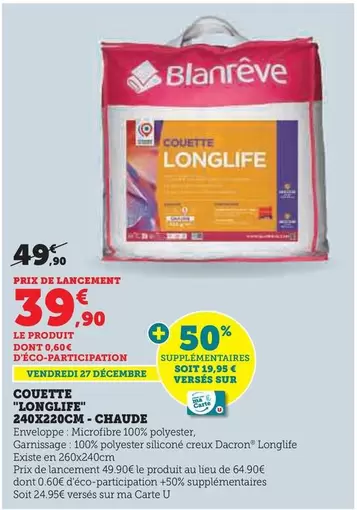 Blanrêve - Couette "Longlife"-Chaude  offre à 39,9€ sur Super U