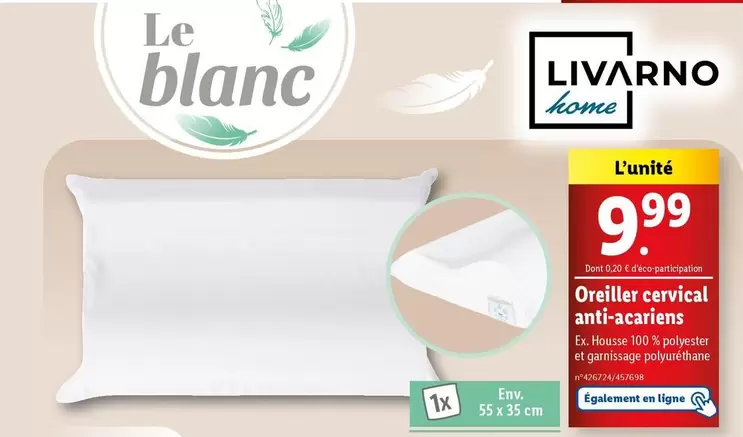 Livarno - Oreiller Cervical Anti-Acariens offre à 9,99€ sur Lidl