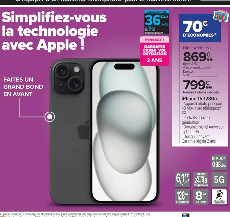 Apple - Iphone 15 128go offre à 799,99€ sur Carrefour Contact