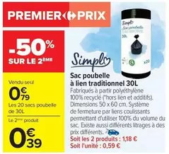 Simply - Sac Poubelle À Lien Traditionnel 30l offre à 0,79€ sur Carrefour Contact