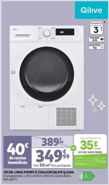 Qilive - Sèche Linge Pompe À Chaleur Q.6166 offre à 349,99€ sur Auchan Hypermarché