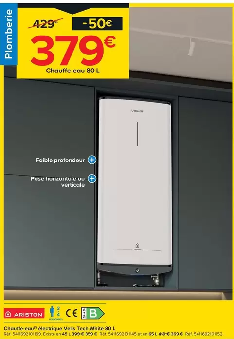 Ariston - Chauffe-Eau Électrique Velis Tech White 80 L offre à 379€ sur Castorama