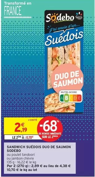 Sodebo - Sandwichs Suédois Duo De Saumon offre à 2,19€ sur Intermarché Contact