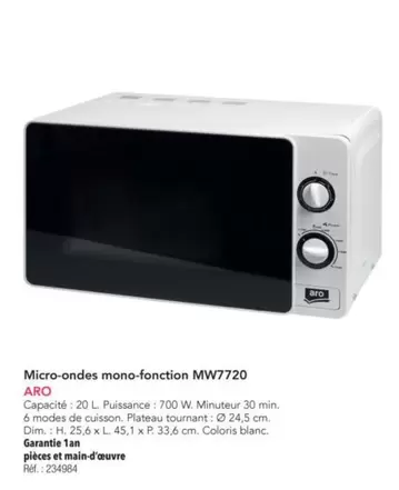 Micro-ondes Mono-fonction MW7720 offre sur Metro