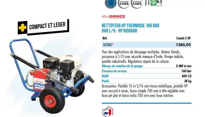 Dimaco - Nettoyeur Hp Thermique 160 Bar 660 L/H RP160660H offre à 1380€ sur Master Pro