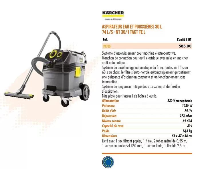 Kärcher - Aspirateur Eau Et Poussières 30 L 74 L/S NT 30/1 TACT TE L offre à 675€ sur Master Pro