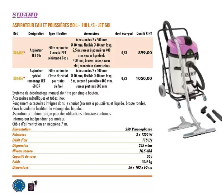 Sidamo - Aspirateur Eau Et Poussières 50 L-118 L/S - JET 60I offre à 899€ sur Master Pro