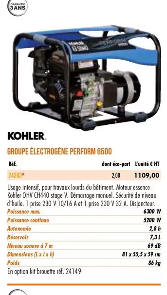 Kohler - Groupe Electrogêne Perforn 6500 offre à 1109€ sur Master Pro