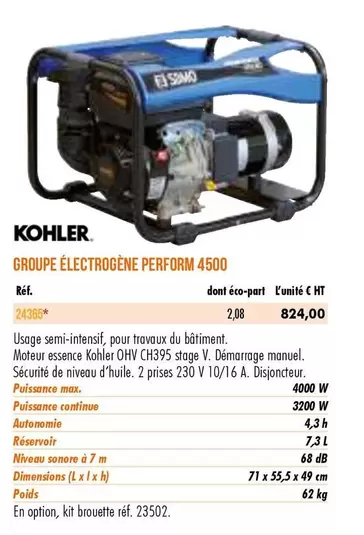 Kohler - Groupe Électrogène Perform 4500 offre à 824€ sur Master Pro