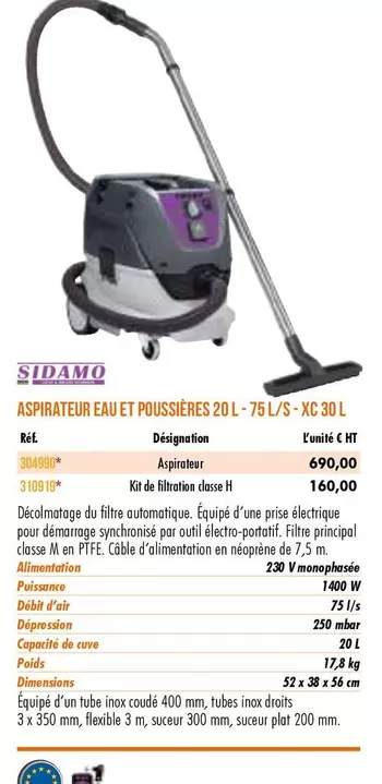 Sidamo - Aspirateur Aul Et Puisseries 20l 75l/s Xc30l offre à 690€ sur Master Pro