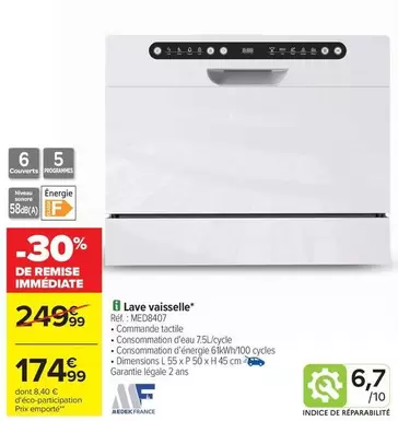 Lave Vaisselle Réf. : Med8x07 offre à 174,99€ sur Carrefour Contact